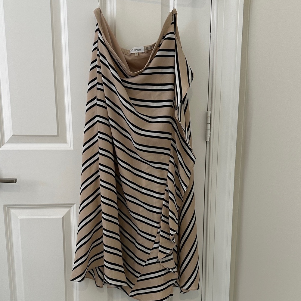 Calvin Klein Black and Tan Striped Maxi Skirt with Ruffle